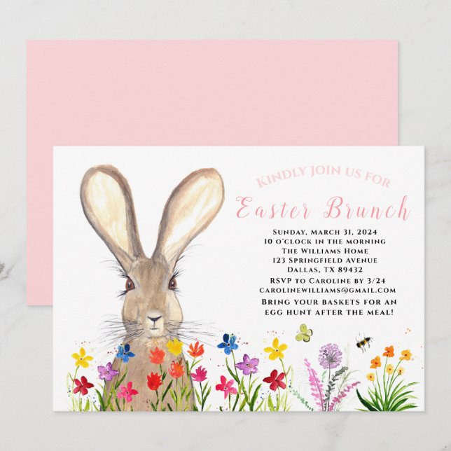 Invitation Brunch de Pâques Aquarelle Lapin Oeufs de lapin Fl (Devant / Derrière)