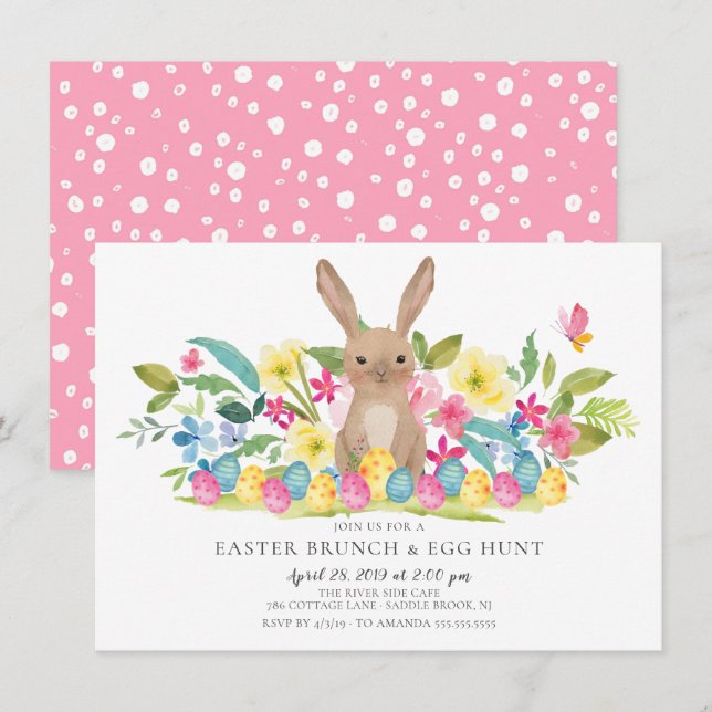 Invitation Brunch de Pâques Bunny et chasse aux oeufs (Devant / Derrière)