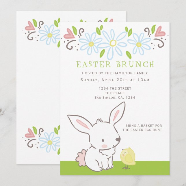 Invitation Brunch De Pâques Bunny Et Poulette Avec Fleurs De  (Devant / Derrière)