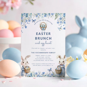 Invitation Brunch de Pâques & Chasse aux Oeufs Cute Bleu Lapi