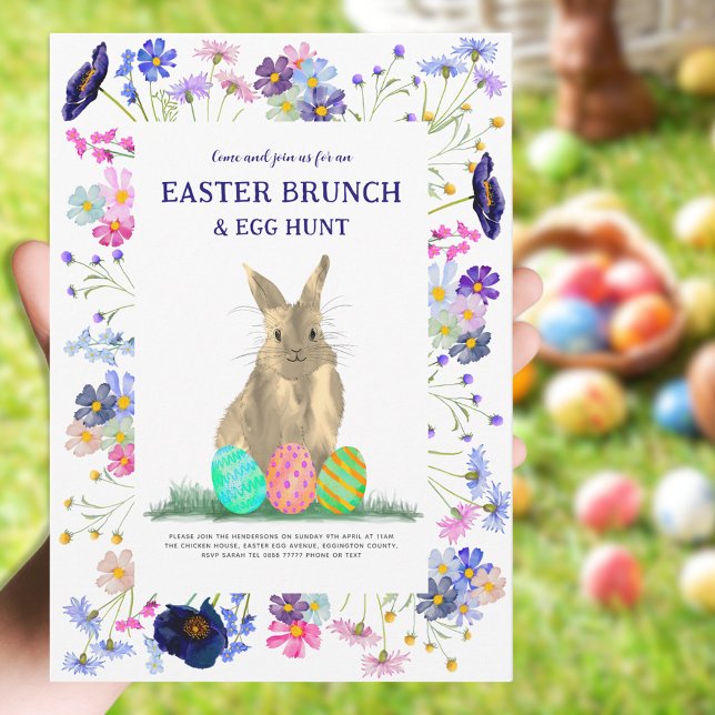 Invitation Brunch de Pâques et chasse aux oeufs de lapin Flor (Easter brunch and egg hunt cute bunny boho floral watercolor invitation blue purple pink green)