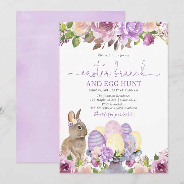 Invitation Brunch de Pâques et lapin de chasse aux oeufs (Devant / Derrière)