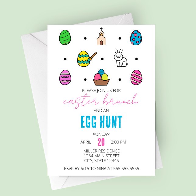Invitation Brunch de Pâques et ligne de chasse aux oeufs Icôn (Easter Brunch and Egg Hunt | Modern Easter Icons Party Invitation)