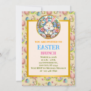Invitation BRUNCH DE PÂQUES, lapin mou, oeufs et fleurs