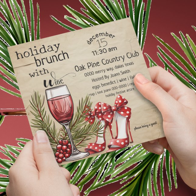 Invitation Brunch de Vacances avec Fête du Vin (Cute ladies holiday brunch invite with wine, pine and heels in red and hunter green. )