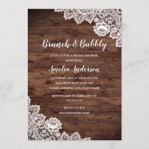 Invitation Brunch en bois rustique de dentelle et Fête de la