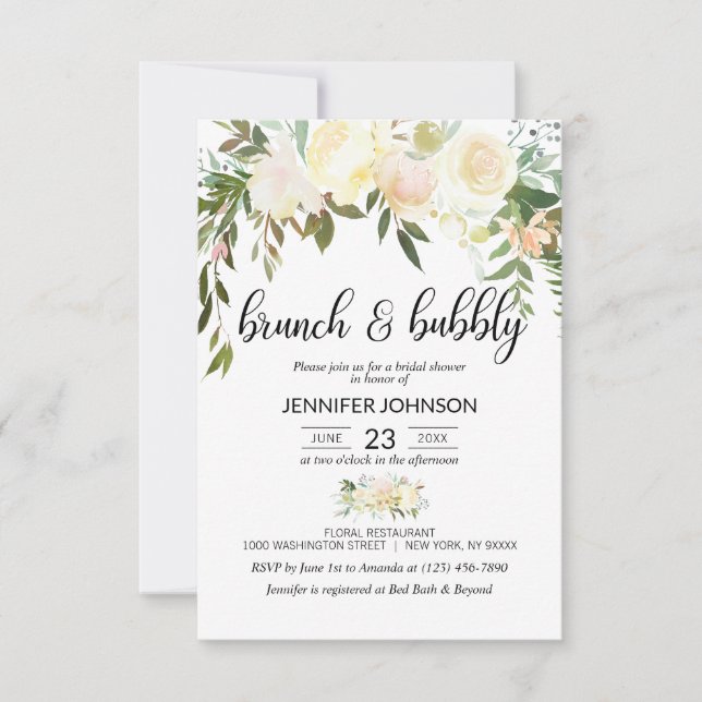 Invitation Brunch en ivoire rose floral et Fête des mariées m (Devant)