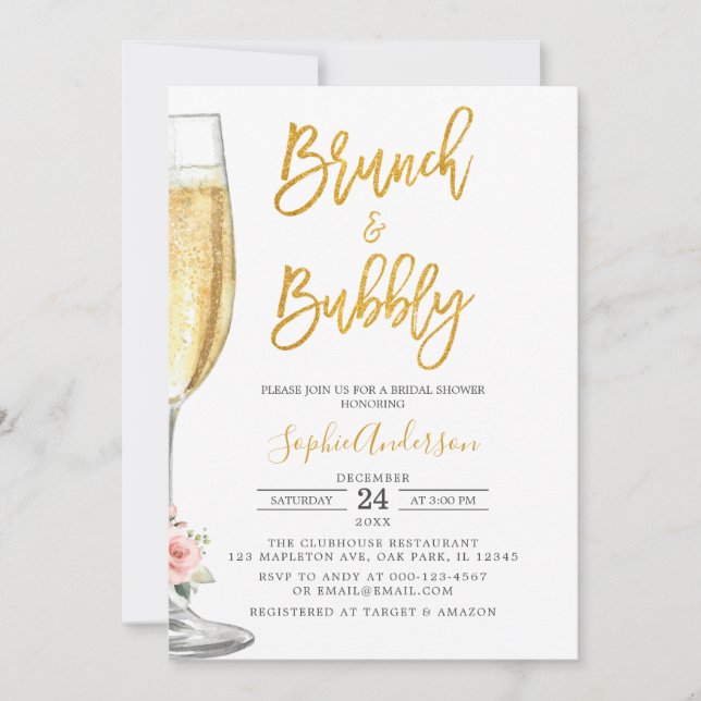Invitation Brunch en verre de champagne d'or et Fête des mari (Devant)