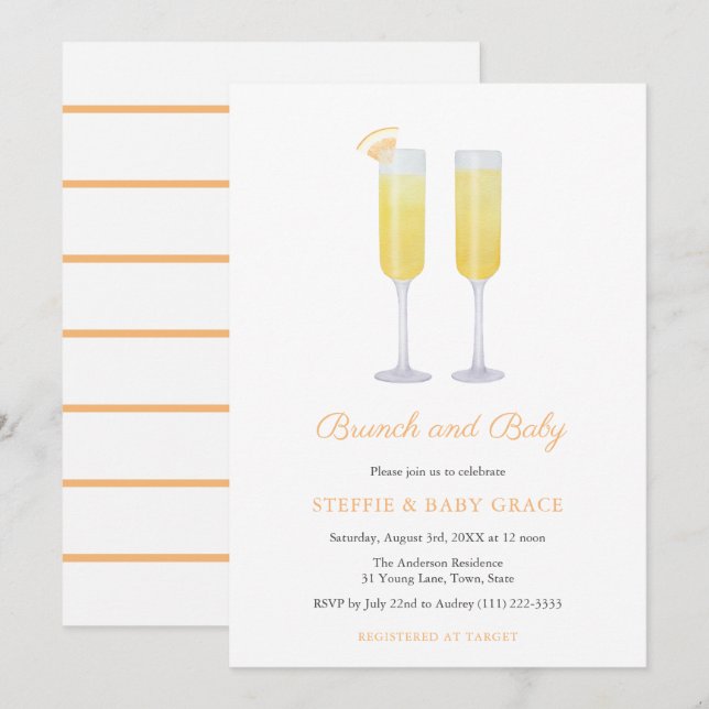 Invitation Brunch et bébé Mimosas Douche ou Sip & See (Devant / Derrière)