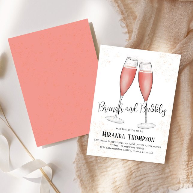 Invitation Brunch et Bubbly Aquarelle Fête des mariées rose (Brunch and bubbly bridal shower invitation with pink champagne. )