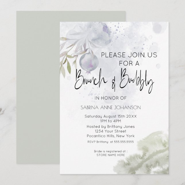 Invitation Brunch et Bubbly Dusty Blue Rose et Rosehip (Devant / Derrière)