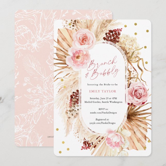 Invitation Brunch et Bubbly Moderne Boho rose Floral Bride (Devant / Derrière)