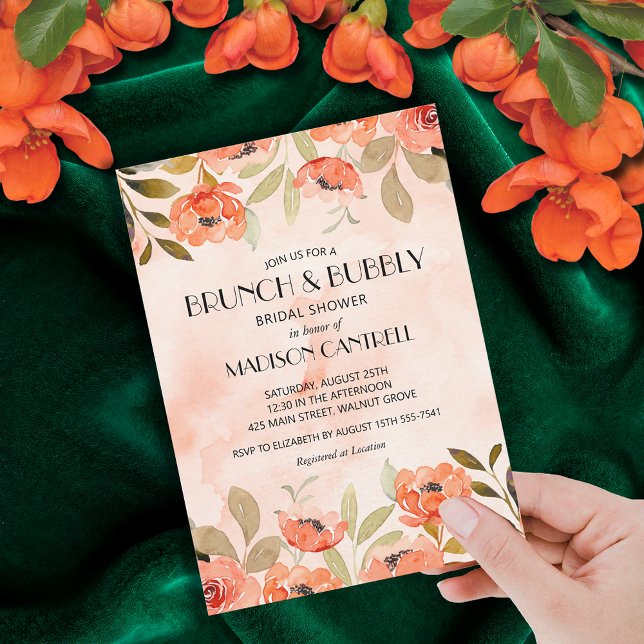 Invitation Brunch et Bubbly Orange Fête des mariées florale (Brunch and Bubbly orange floral bridal shower invitations)