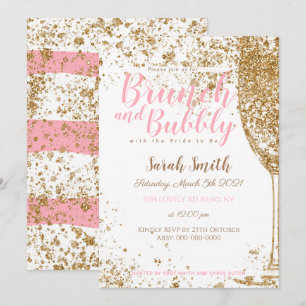Invitation Brunch et Bubbly rayures roses pailletées