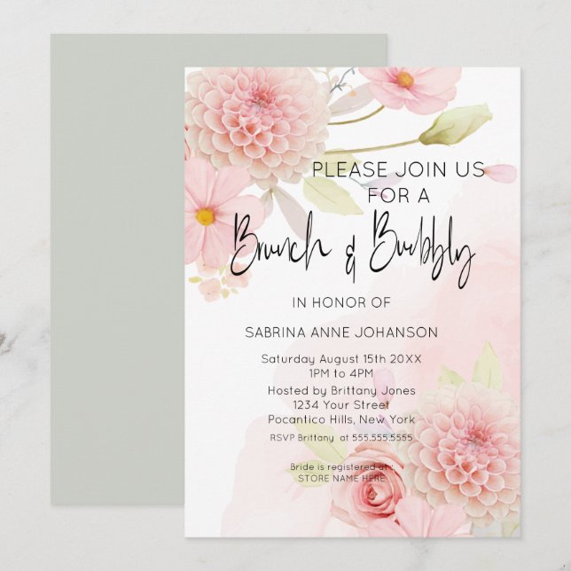 Invitation Brunch et Bubbly rose Fête des mariées florale Inv (Devant / Derrière)