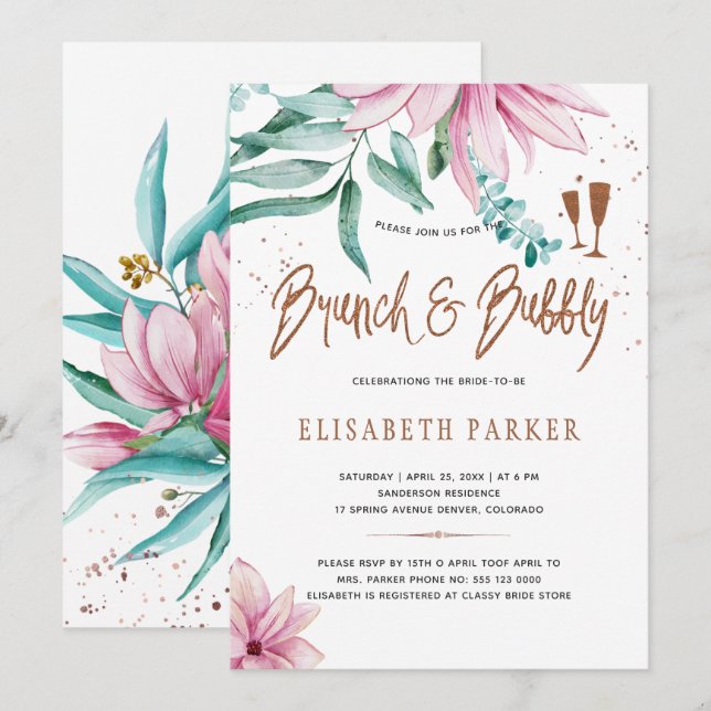 Invitation Brunch et bubbly rose floral glam nuptiale douche (Devant / Derrière)