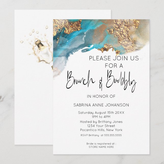 Invitation Brunch et Bubbly Turquoise et Gold Marbled Encre (Devant / Derrière)