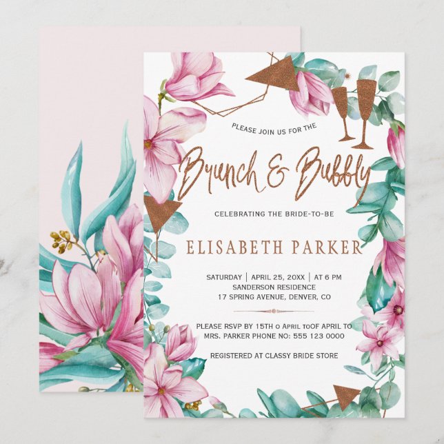 Invitation Brunch et bulle aquarelle douche à nuptiale fleuri (Devant / Derrière)