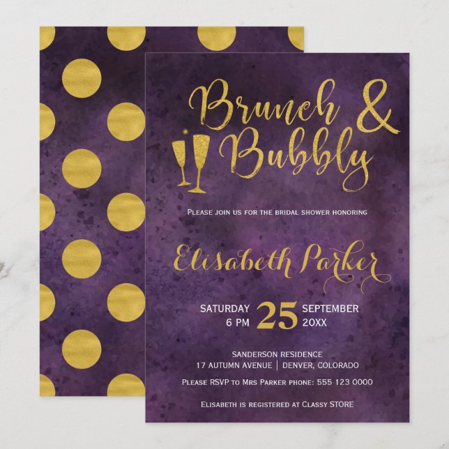 Invitation Brunch et bulle violet glam doré douche nuptiale (Devant / Derrière)
