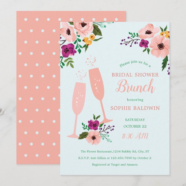 Invitation Brunch et Fête de l'mariée de mousseux et de fleur (Devant / Derrière)