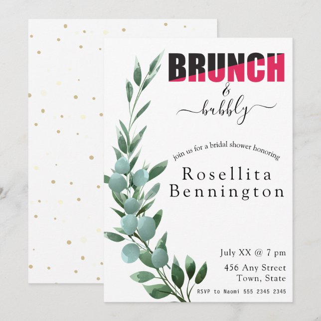 Invitation Brunch et Fête des mariées Bubbly Eucalyptus (Devant / Derrière)