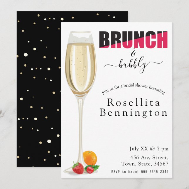 Invitation Brunch et Fête des mariées champagne Bubbly (Devant / Derrière)