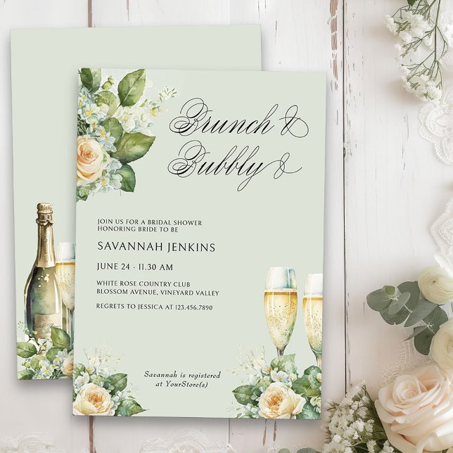 Invitation Brunch et Fête des mariées Rose de champagne Bubbl (Brunch & Bubbly Champagne Bridal Shower Invitation on light sage green)