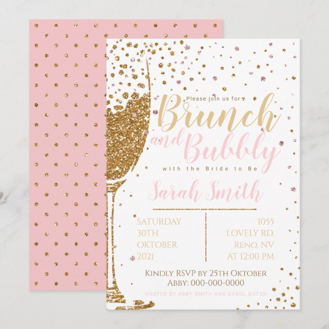 Invitation Brunch et parties scintillant en or Bubbly avec po (Devant / Derrière)