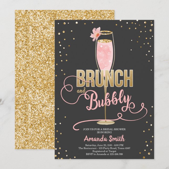Invitation Brunch & Fête des mariées Bubbly Blush Gold Champa (Devant / Derrière)