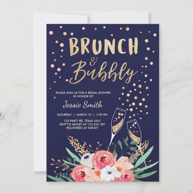 Invitation Brunch & Fête des mariées Bubbly Champagne d'or ro (Devant)