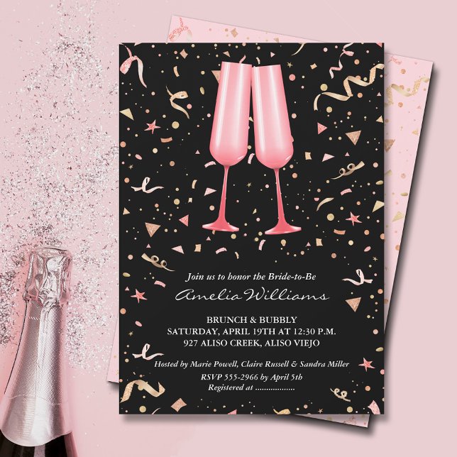 Invitation Brunch Fête des mariées Champagne (Pink champagne glasses and streamers on black bridal shower invitations)