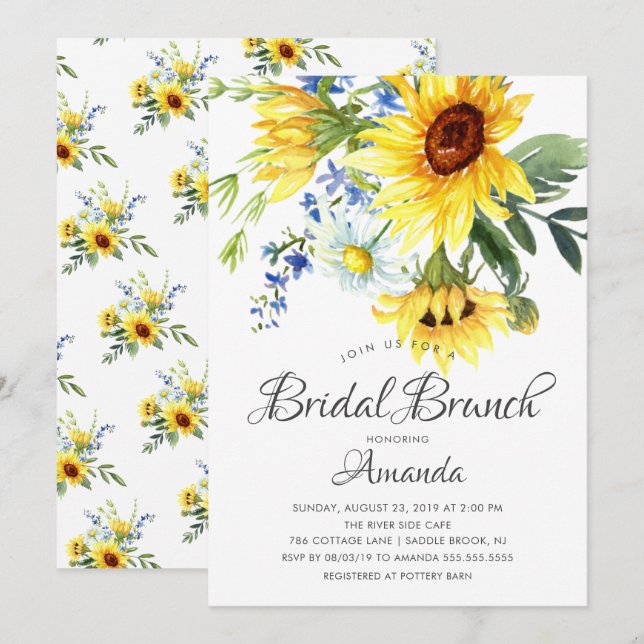 Invitation Brunch Fête des mariées de tournesol jaune (Devant / Derrière)