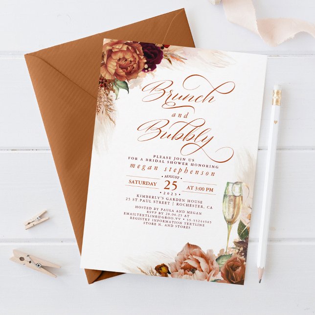 Invitation Brunch Fête des mariées rouille Pampas Grass (Brunch and Bubbly Bridal Shower Invitations for Fall Celebration)