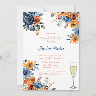 Invitation Brunch floral bleu et orange et bulle