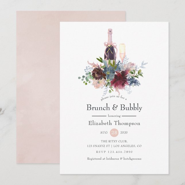 Invitation Brunch floral bourguignon et roux et bulle (Devant / Derrière)