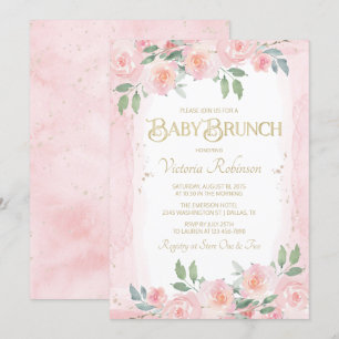 Invitation Brunch floral de bébé d'aquarelle rose élégante