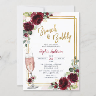 Invitation Brunch Floral De Bourgogne Géométrique Or Et Bubbl