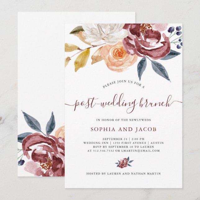 Invitation Brunch floral de Courrier-Mariage de l'aquarelle | (Devant / Derrière)