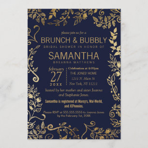 Invitation Brunch floral d'or élégant de bleu marine