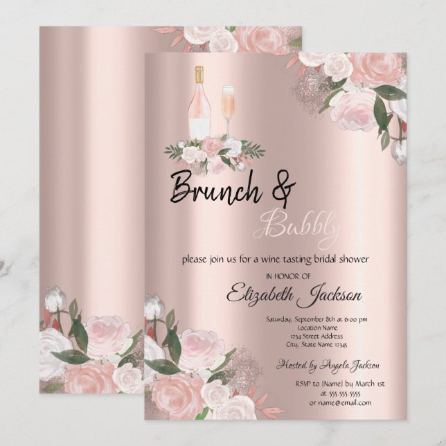Invitation Brunch floral et Fête des mariées à bulles (Devant / Derrière)