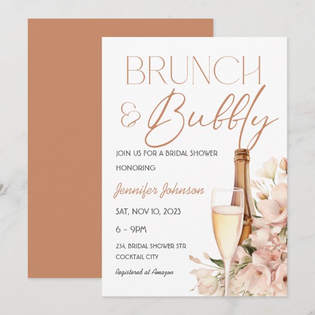Invitation Brunch floral et Fête des mariées champagne Bubbly (Devant / Derrière)