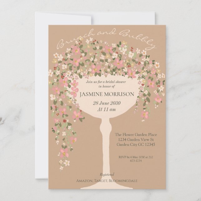 Invitation Brunch floral et Fête des mariées champagne Bubbly (Devant)
