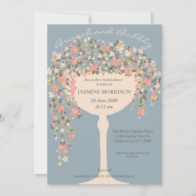 Invitation Brunch floral et Fête des mariées champagne Bubbly (Devant)