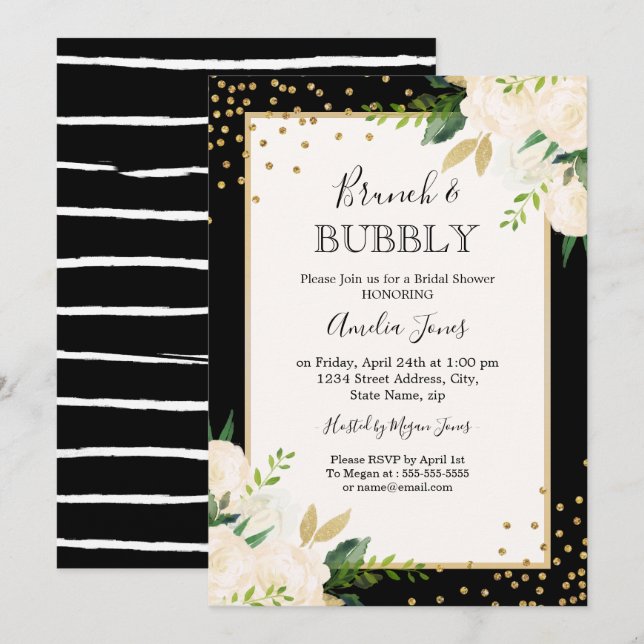 Invitation Brunch Floral Gold Black Stripes Et Douche Bubbly (Devant / Derrière)