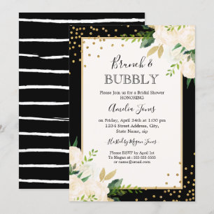 Invitation Brunch Floral Gold Black Stripes Et Douche Bubbly