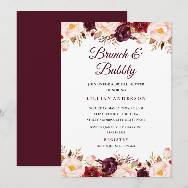 Invitation Brunch Floral Marsala Et Fête des mariées Bubbly (Devant / Derrière)