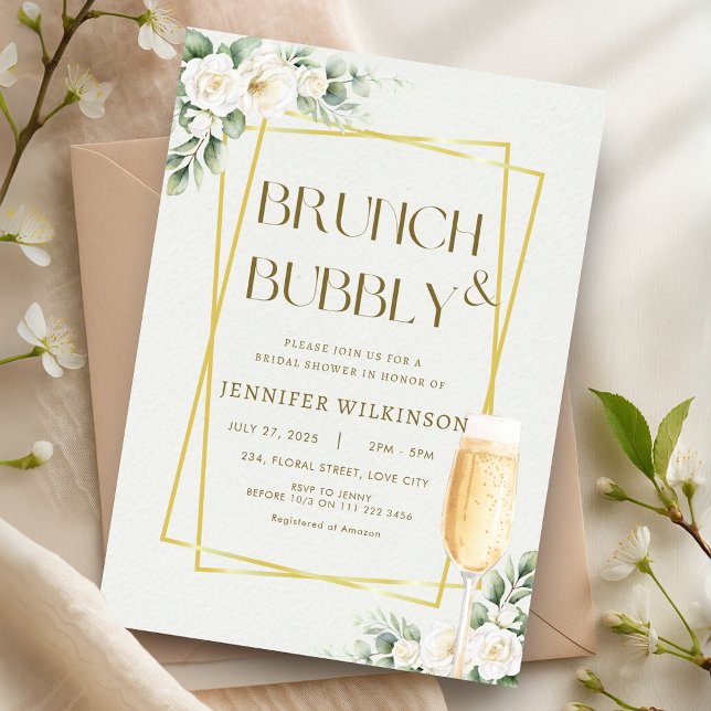 Invitation Brunch Floral Or & Fête des mariées Bubbly (Gold Floral Brunch Bubbly Bridal Shower Invitation)
