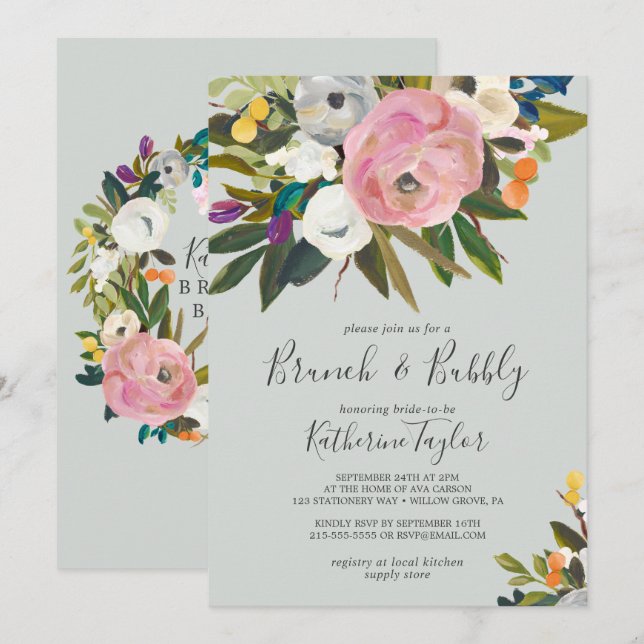 Invitation Brunch floral peint et bulle (Devant / Derrière)
