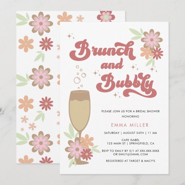 Invitation Brunch floral rétro et Fête des mariées bulle (Devant / Derrière)