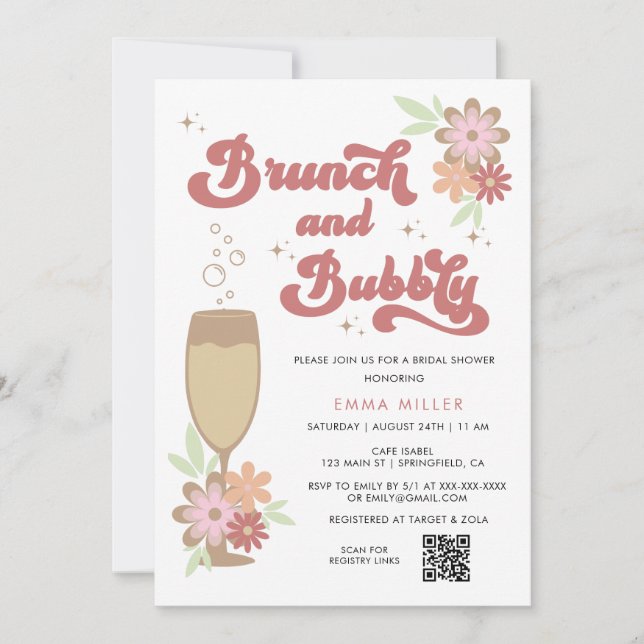 Invitation Brunch floral rétro et Fête des mariées bulle (Devant)